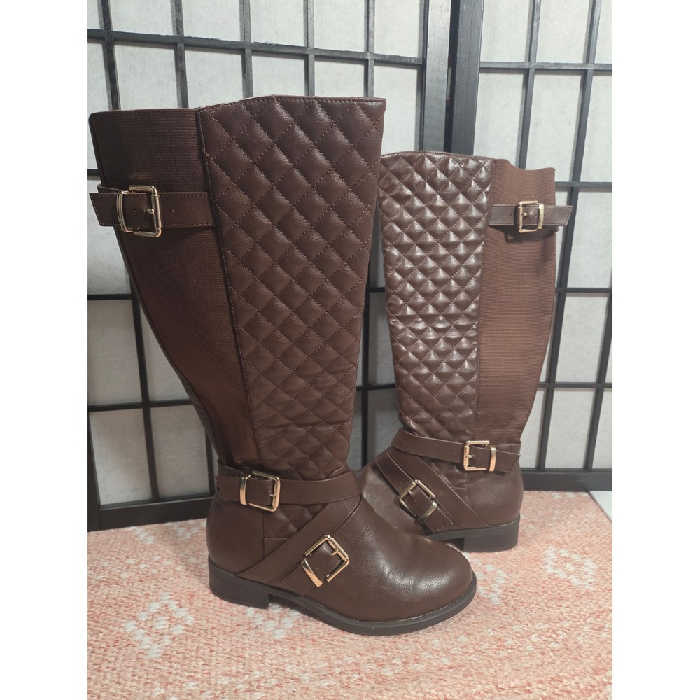 Torrid Brown Quilted Tall Riding Boots Wide Calf Gold‎ Buckle Low Heel 7.5